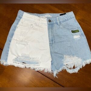 Blue and White Distressed Jean Shorts